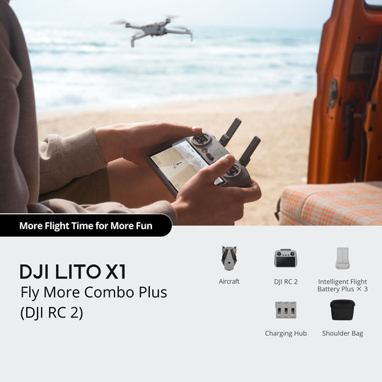 Person holding a drone controller with a drone in the background on a beach, featuring the DJI LITO X1 Fly More Combo Plus.