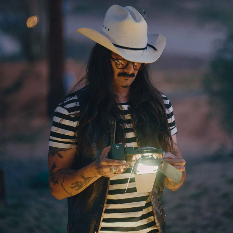 Person wearing a cowboy hat and striped shirt holding ZHIYUN MOLUS X100 RGB LED light
