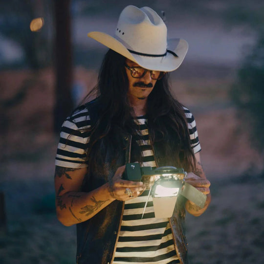 Person wearing a cowboy hat and striped shirt holding ZHIYUN MOLUS X100 RGB LED light