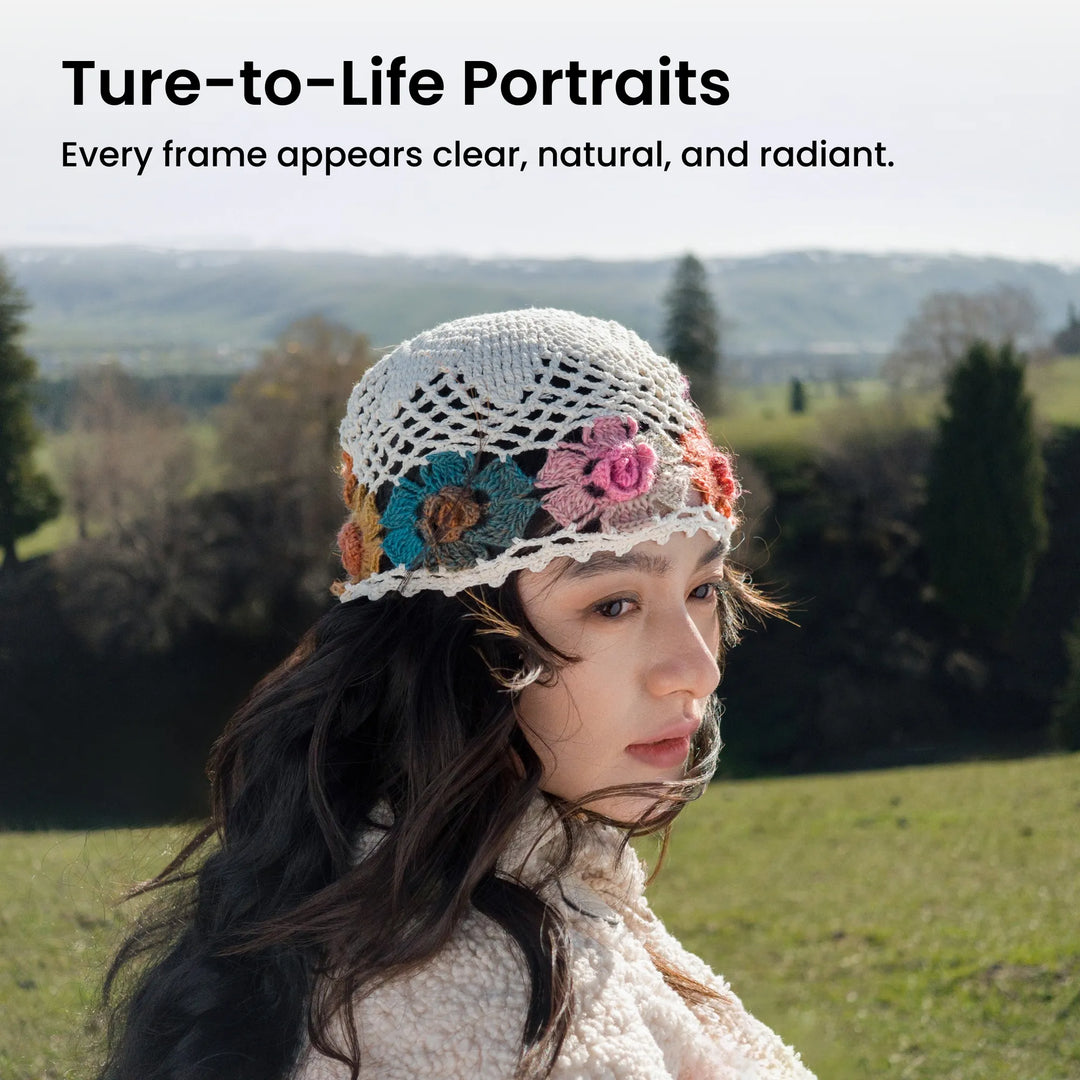 Person wearing a decorative headband with flowers in a natural setting