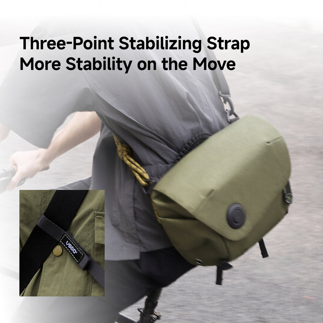 Person wearing a green backpack with a three-point stabilizing strap, text 'Three-Point Stabilizing Strap More Stability on the Move'.