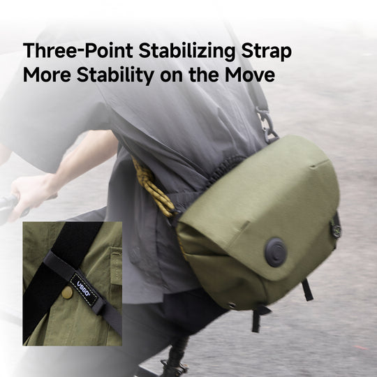 Person wearing a green backpack with a three-point stabilizing strap, text 'Three-Point Stabilizing Strap More Stability on the Move'.