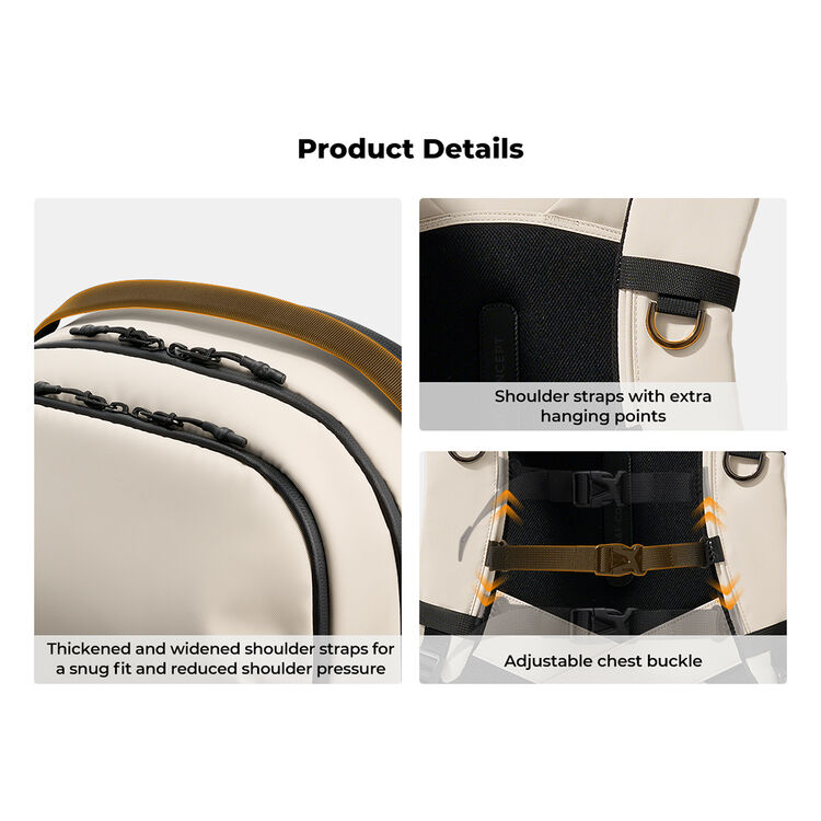 Product details collage showing a backpack with close-up views of the front zipper, thickened shoulder straps, and an adjustable chest buckle on a light gray background.