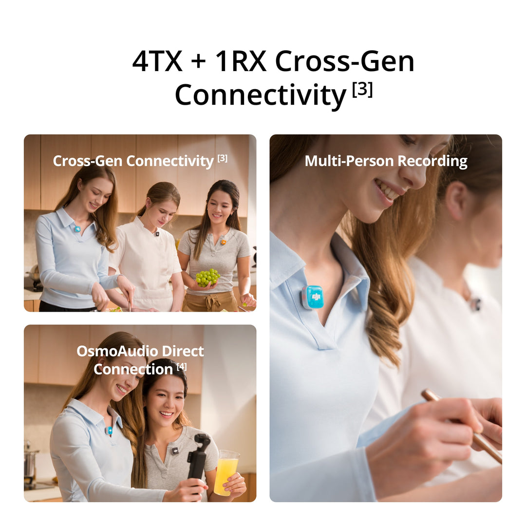 Promotional graphic for OsmoAudio cross-gen connectivity, showing three inset photos of people using a small blue-and-white audio device on their collars in kitchen and indoor settings, with text reading &