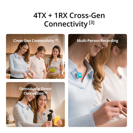 Promotional graphic for OsmoAudio cross-gen connectivity, showing three inset photos of people using a small blue-and-white audio device on their collars in kitchen and indoor settings, with text reading &