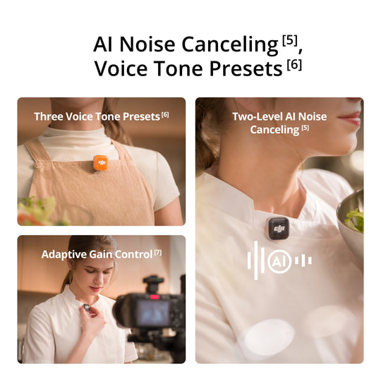 Promotional graphic for a small DJI mic mini 2s transmitter, showing three feature panels: three voice tone presets, two-level AI noise canceling, and adaptive gain control. The panels feature a woman wearing a beige apron with an orange laser dot on her chest, a close-up of her neck with the laser dot, and a woman holding a camera with the laser dot on her neck.