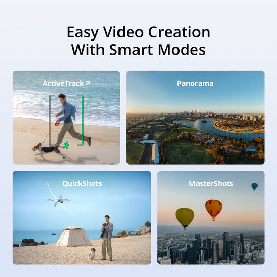 Promotional graphic for easy video creation with smart modes on a light blue background.