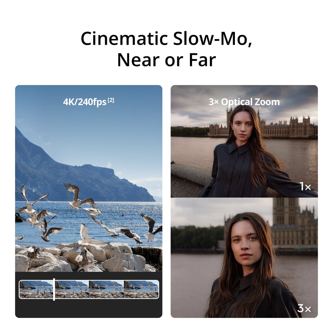 Promotional image showcasing cinematic slow-motion capabilities with scenic and portrait shots.