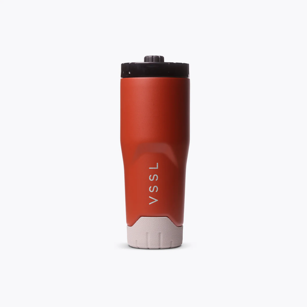 Red travel mug with &