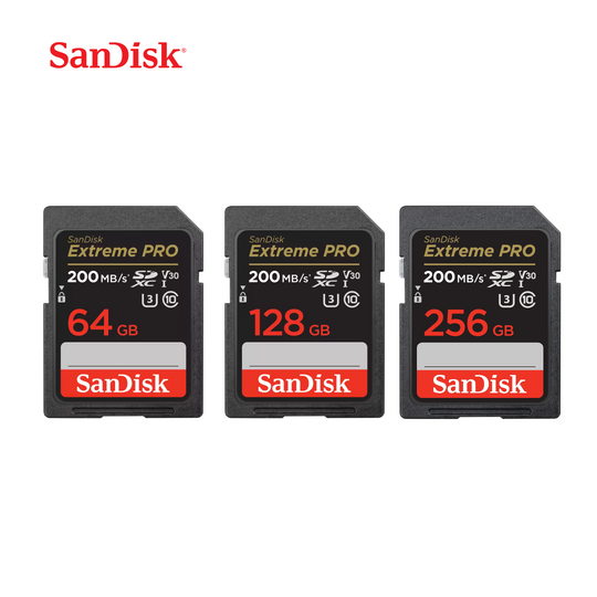 Three SanDisk Extreme PRO memory cards of different capacities on a white background