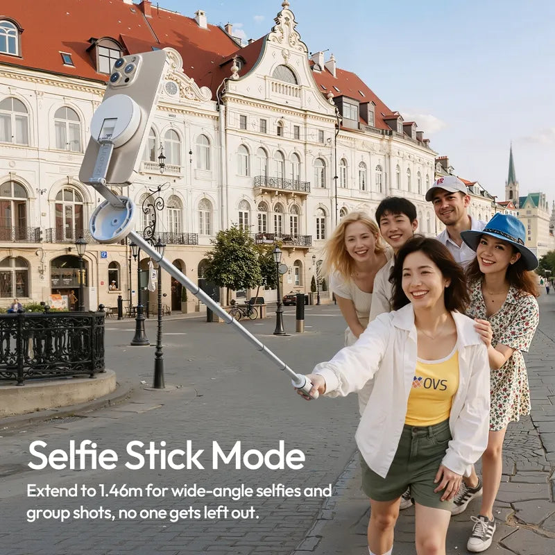Group of people using Ulanzi MT85 selfie stick in an urban setting with historical buildings.