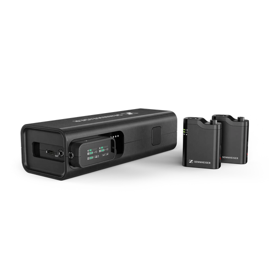 Sennheiser wireless microphone transmitter and receiver on a white background