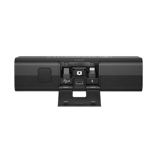 Black electronic device with ports on a white background