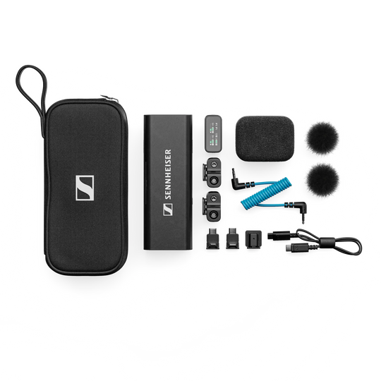 Sennheiser microphone kit with carrying case on a white background