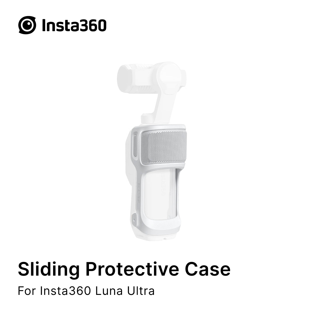 Studio product view showing the white Insta360 Sliding Protective Case fitted onto an Insta360 Luna Ultra gimbal camera against a white background.