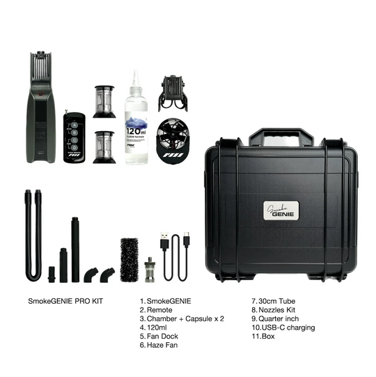 SmokeGENIE PRO Kit with various components and a black carrying case on a white background.