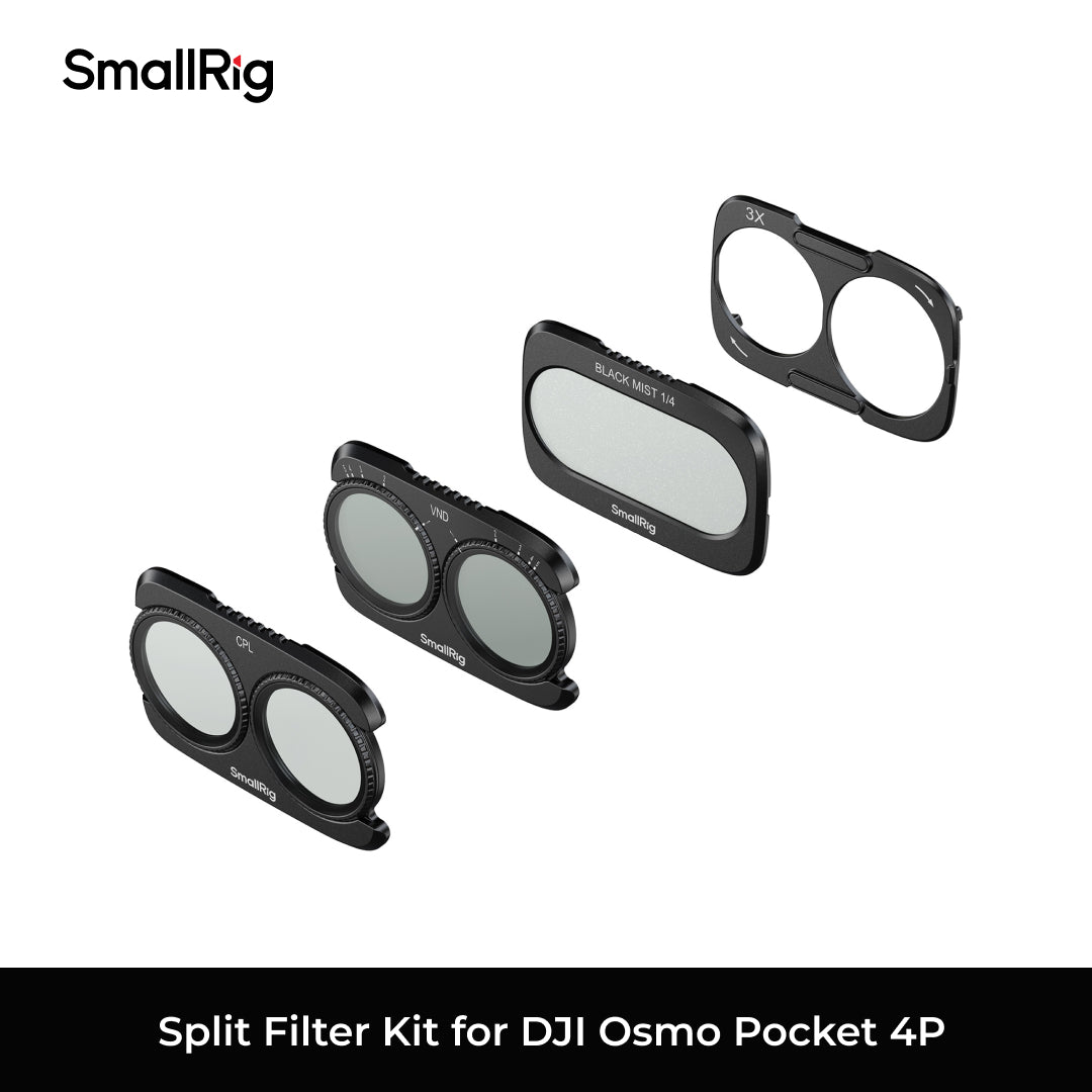 Four SmallRig split filter rings for DJI Osmo Pocket 4P shown on a white background with a black text banner at the bottom.