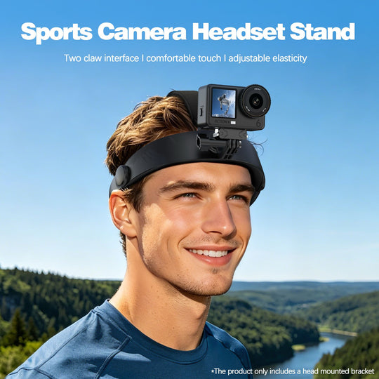 Person wearing an adjustable sports camera head strap mount with an action camera for stable hands-free POV recording during outdoor activities.