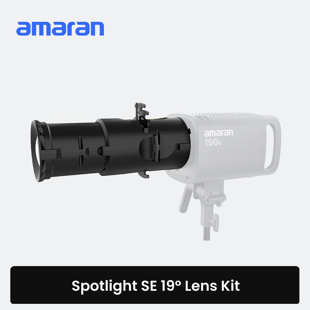 Amaran Spotlight SE 19° lens kit for a 150c studio light, featuring a black lens barrel and a white light housing on a light gray background with the Amaran logo and product name text overlays.