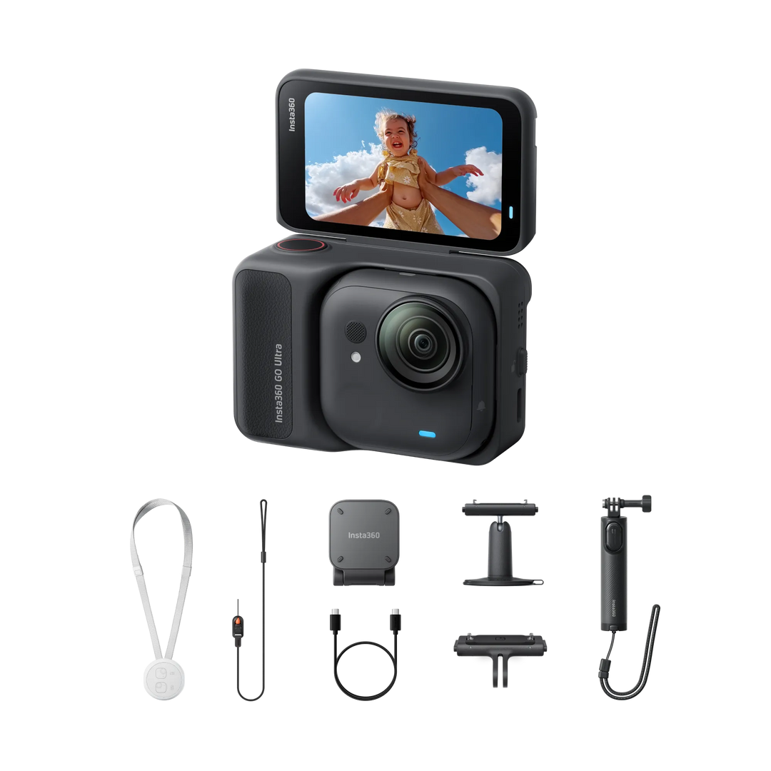 Action camera with screen and accessories on a white background