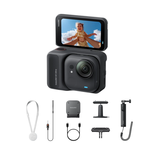 Action camera with screen and accessories on a white background