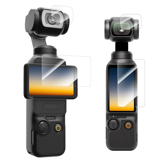 Two black handheld gimbal cameras shown from front and side views on a white background, each with a transparent screen protector overlay near the camera and display area.