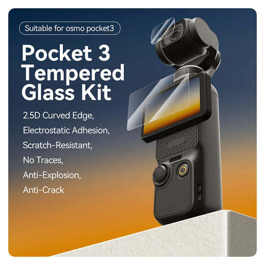 Pocket 3 Tempered Glass Kit for osmo pocket3 with product details on a gradient background