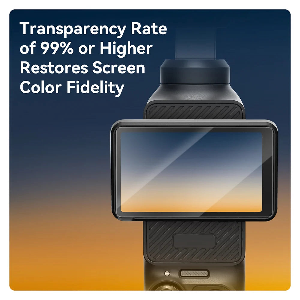 Smartphone with screen protector displaying text about transparency rate on a gradient blue to orange background