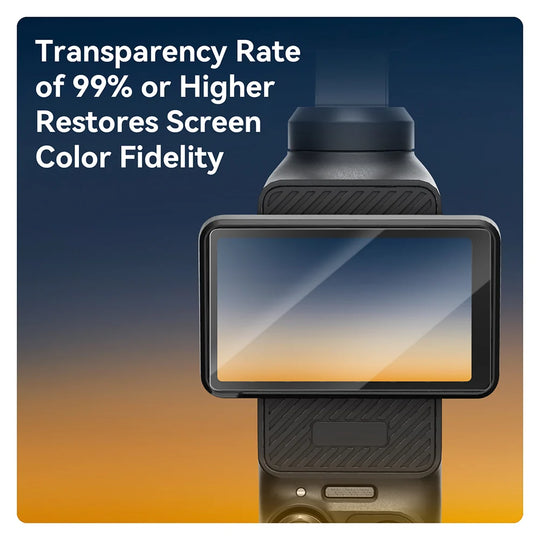 Smartphone with screen protector displaying text about transparency rate on a gradient blue to orange background