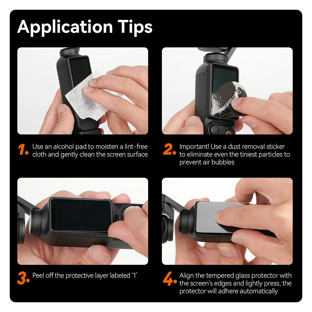 Application Tips infographic showing four steps for applying a screen protector to a handheld camera: moisten the screen with an alcohol pad, apply a dust removal sticker, peel off the protective layer, and align and press the tempered glass protector.