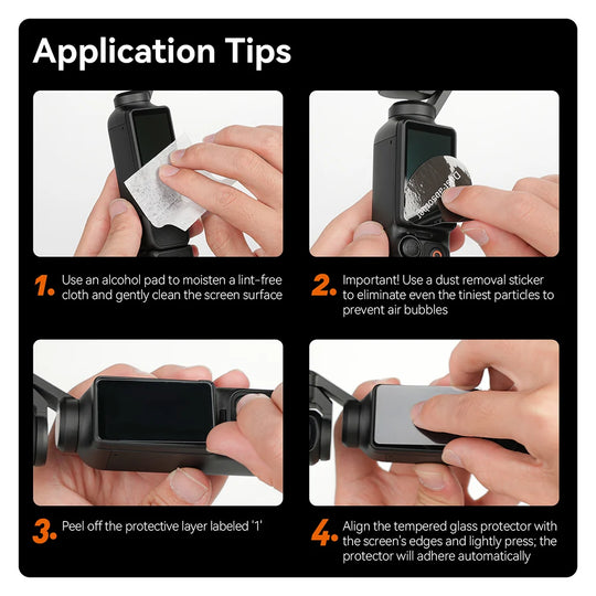Application Tips infographic showing four steps for applying a screen protector to a handheld camera: moisten the screen with an alcohol pad, apply a dust removal sticker, peel off the protective layer, and align and press the tempered glass protector.