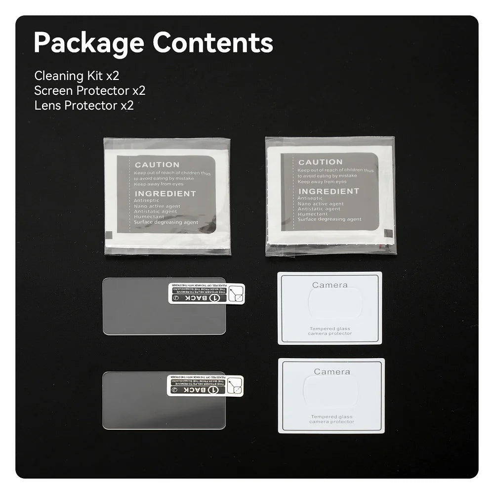 Package contents list with cleaning kits, screen protectors, and lens protectors on a black background.