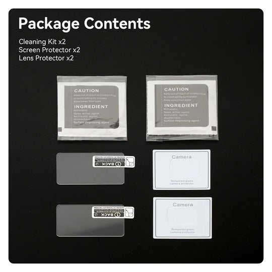 Package contents list with cleaning kits, screen protectors, and lens protectors on a black background.