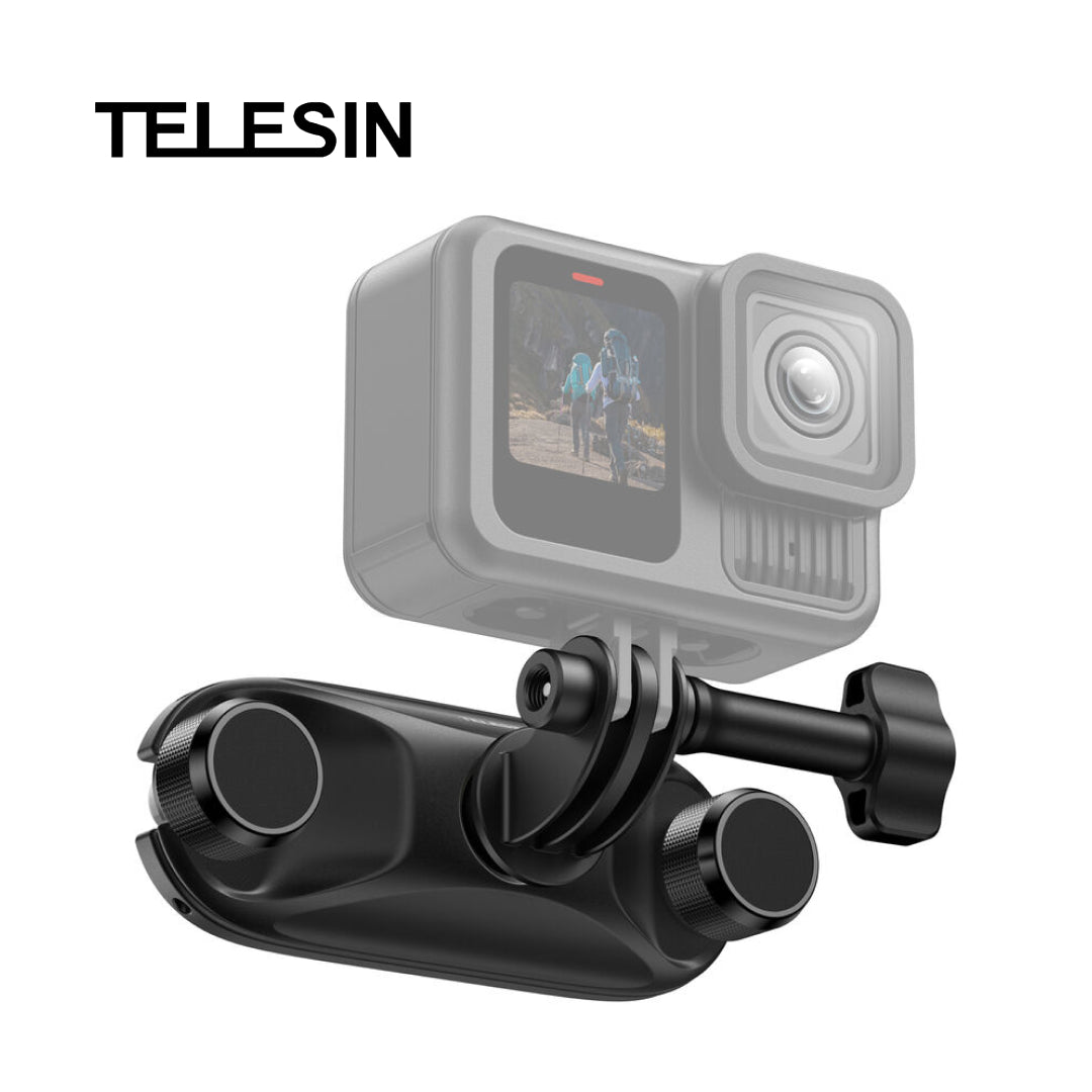 A black Telesin camera mounting bracket shown with a semi-transparent gray action camera on a plain white background, with the TELESIN brand name printed in black at the top left.