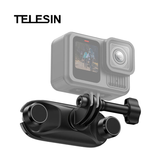 A black Telesin camera mounting bracket shown with a semi-transparent gray action camera on a plain white background, with the TELESIN brand name printed in black at the top left.