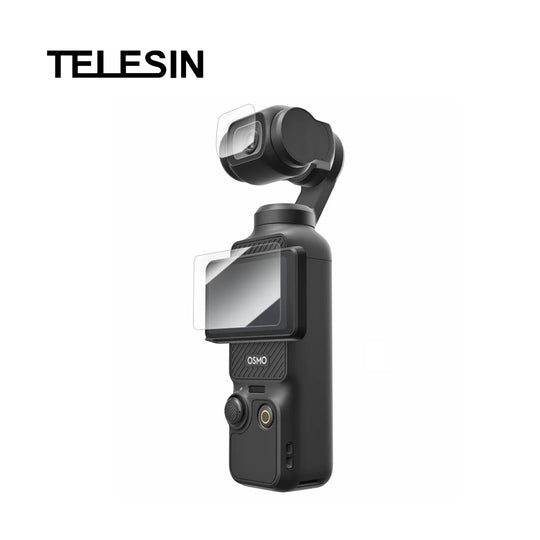 A black handheld gimbal camera with a clear Telesin screen protector overlay, shown against a solid white background with the Telesin brand logo in the top left corner.