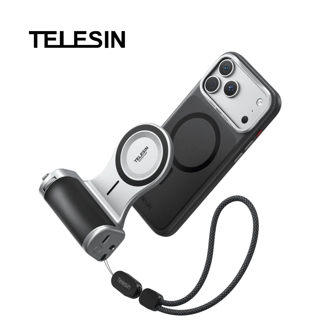 Telesin Master Grip Kit for iPhone 18 Pro showing magnetic MagSafe camera handle, protective case, and wrist strap.