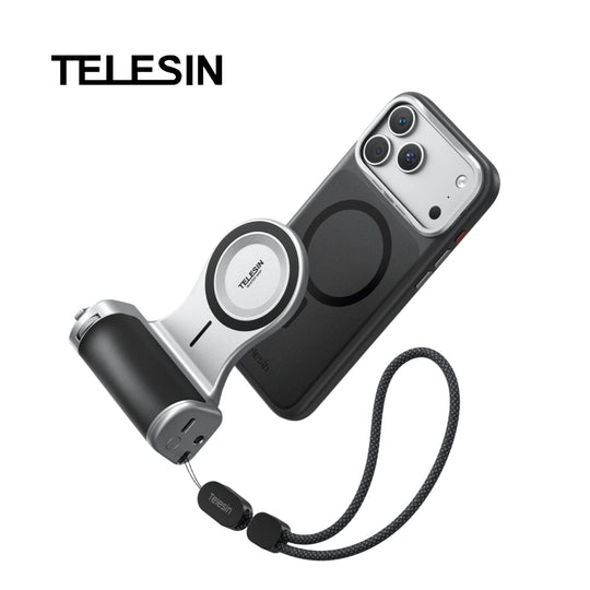 Telesin Master Grip Kit for iPhone 18 Pro showing magnetic MagSafe camera handle, protective case, and wrist strap.
