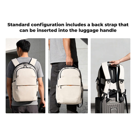 Three-panel product demonstration showing a light beige backpack with black straps and trim. The top text reads, &