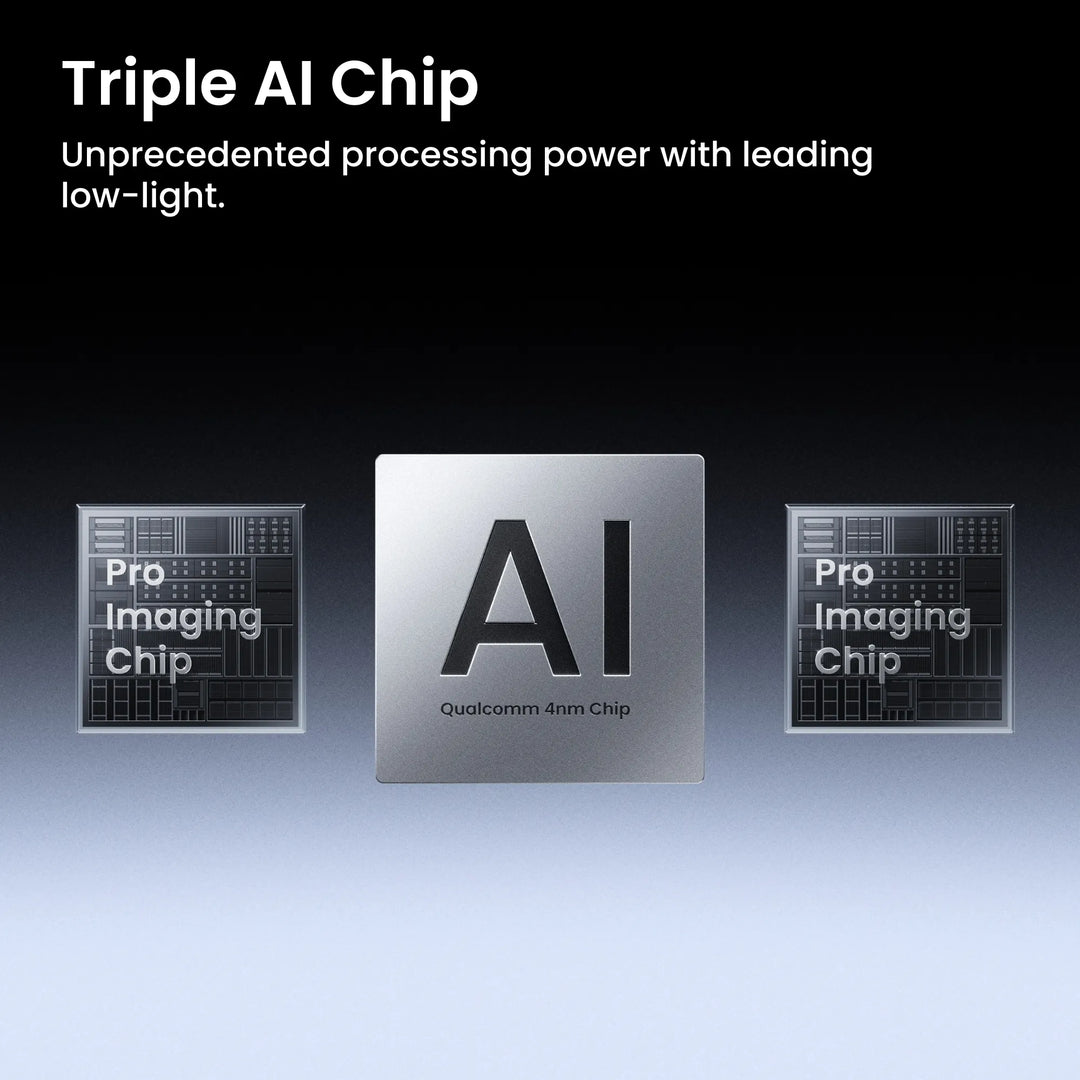 Three AI chips with text on a dark background
