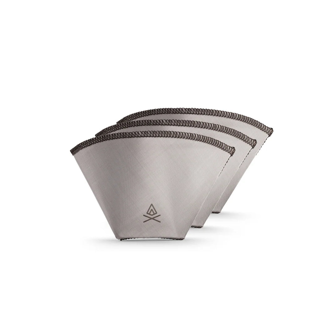 Three gray coffee filters with a VSSL logo on a white background