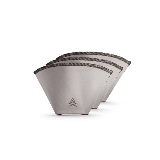 Three gray coffee filters with a VSSL logo on a white background