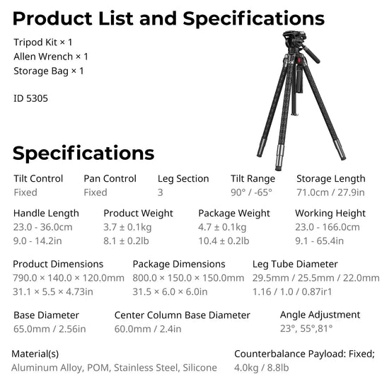 Tripod kit with specifications on a white background