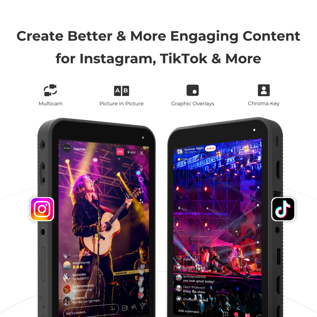 Two Yololiv Instream displaying concert footage with social media app icons, featuring text about creating engaging content for Instagram and TikTok.