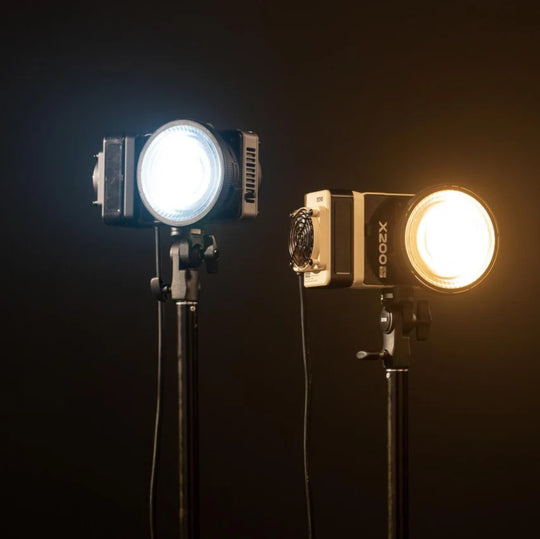 Two ZHIYUN MOLUS X200 Proable LED Video Light against a dark background