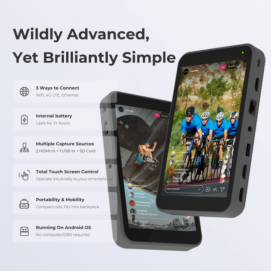 Two rugged instream with a display of a cycling event, featuring text about their features on a light gray background.