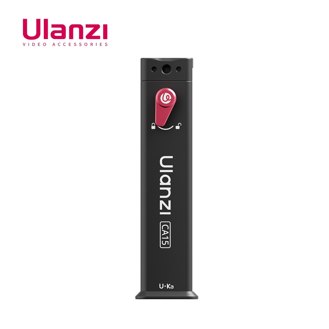 A black cylindrical Ulanzi CA15 U-Ka video accessory device with a red lock/unlock icon on the front, shown on a white background with the Ulanzi brand logo in the top left corner.