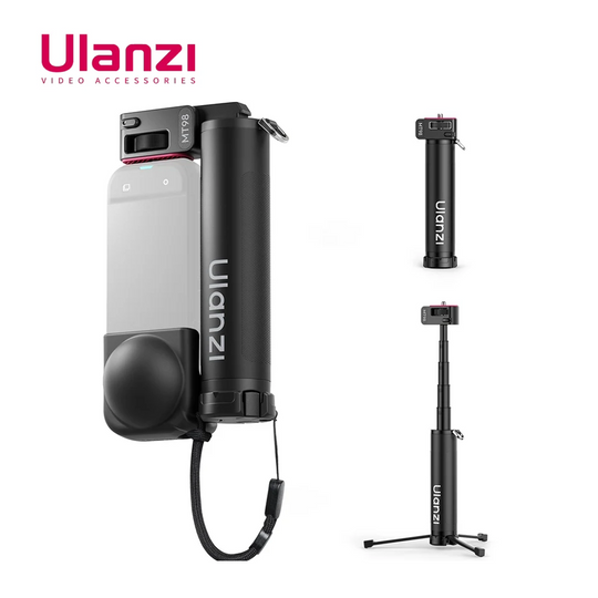 Ulanzi MT98 foldable selfie stick and tripod for Insta360 and DJI cameras, shown folded, extended, and as a mini tripod base.