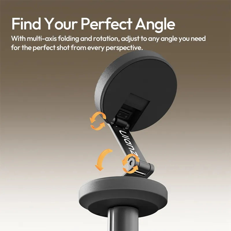 Camera tripod head with adjustable arm on a gradient background, featuring text about multi-axis folding and rotation.