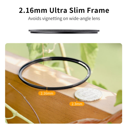 Ultra slim frame lens with a coin for scale on a wooden surface